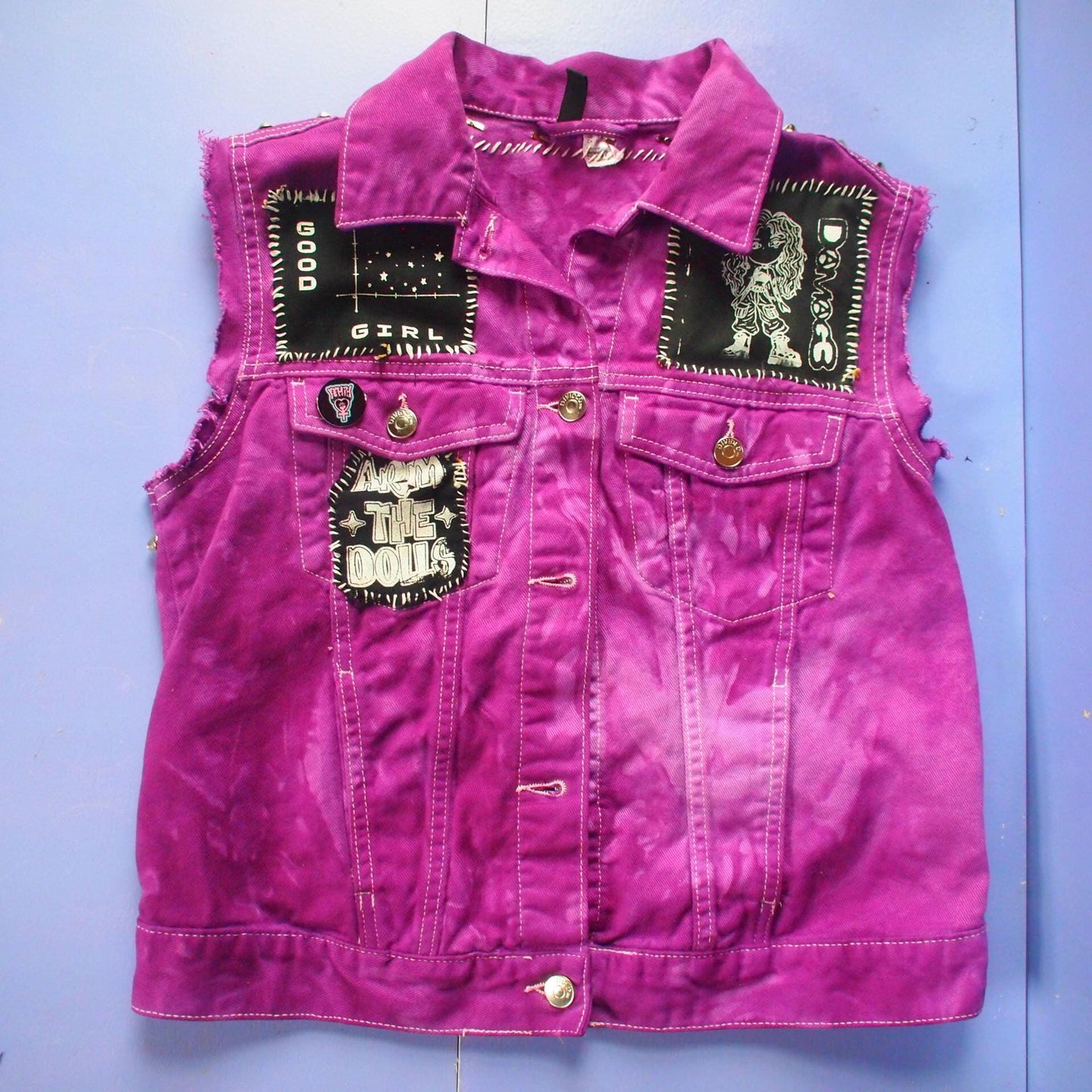 Purple “The Beauty is in The Streets” Studded Patched Custom Punk Denim Vest Sz Small