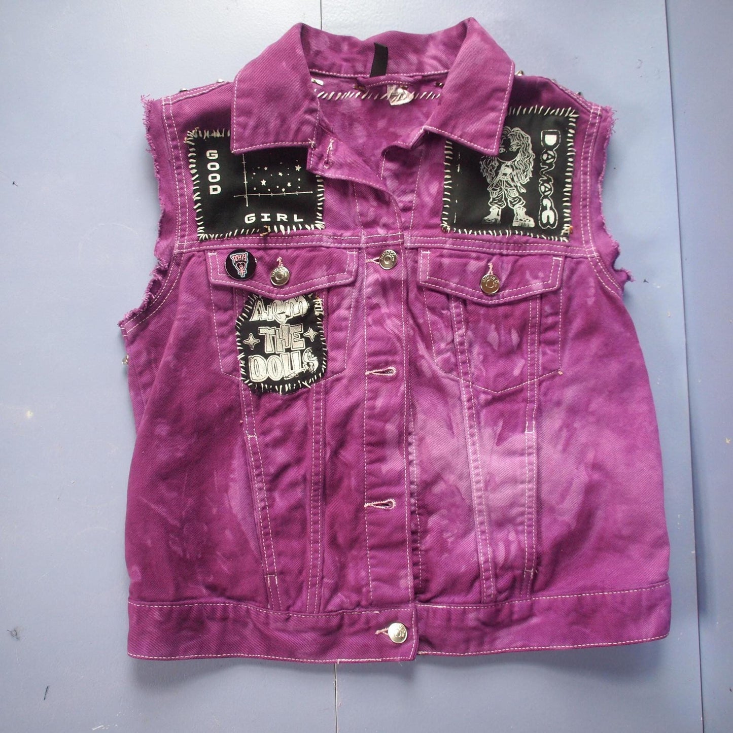 Purple “The Beauty is in The Streets” Studded Patched Custom Punk Denim Vest Sz Small