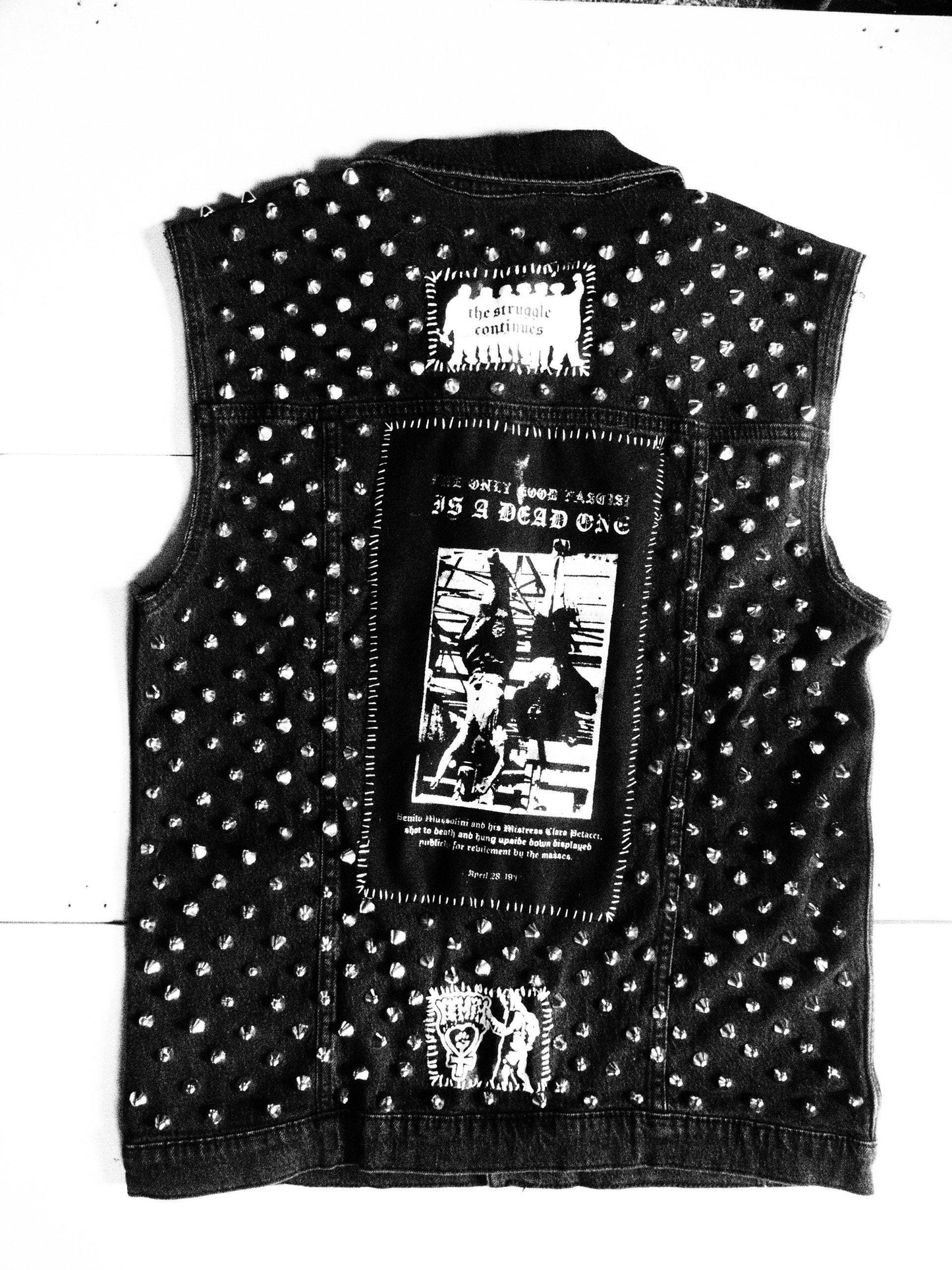 Black Studded Anti Fascist Denim Vest Sz XL Gold Studs Anarcho Punk