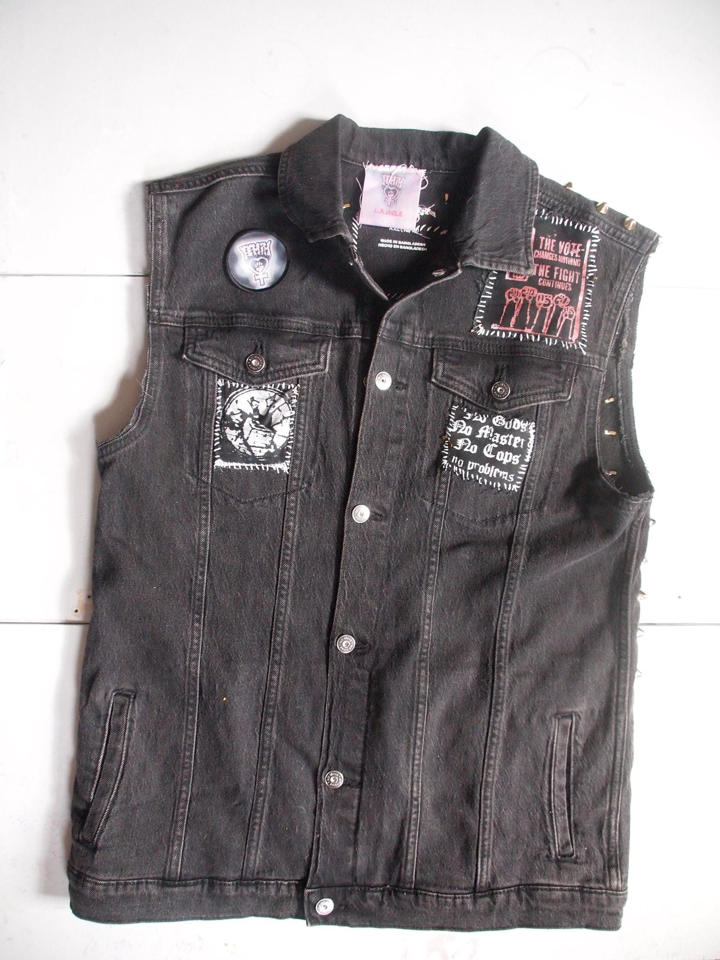 Black Studded Anti Fascist Denim Vest Sz XL Gold Studs Anarcho Punk