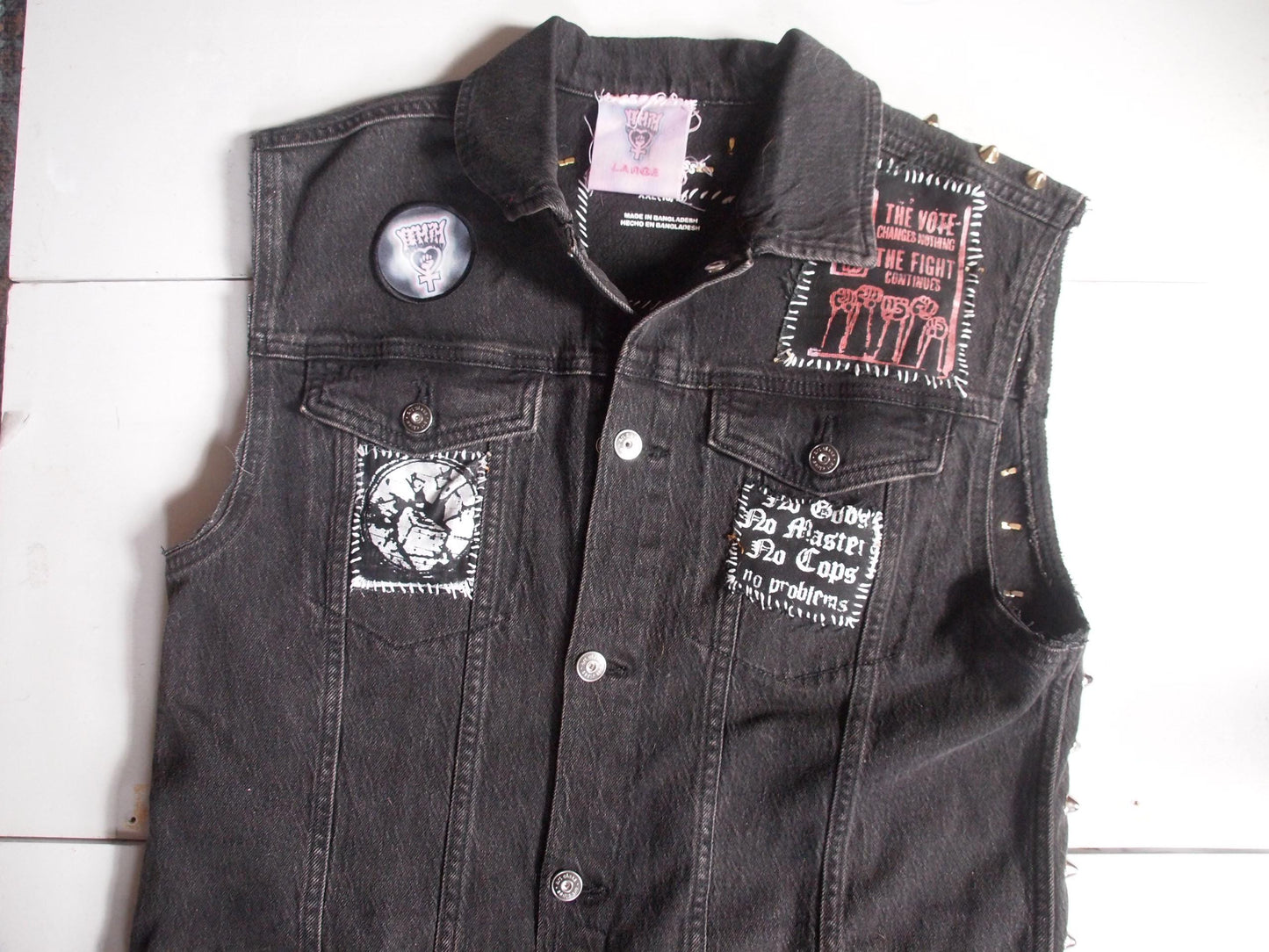 Black Studded Anti Fascist Denim Vest Sz XL Gold Studs Anarcho Punk