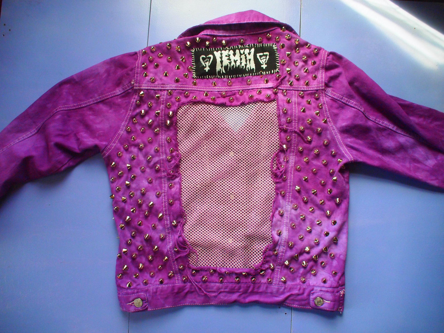 Studded Purple Acid Wash Tie Dye Mesh Denim Jacket Sz XL