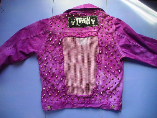 Studded Purple Acid Wash Tie Dye Mesh Denim Jacket Sz XL