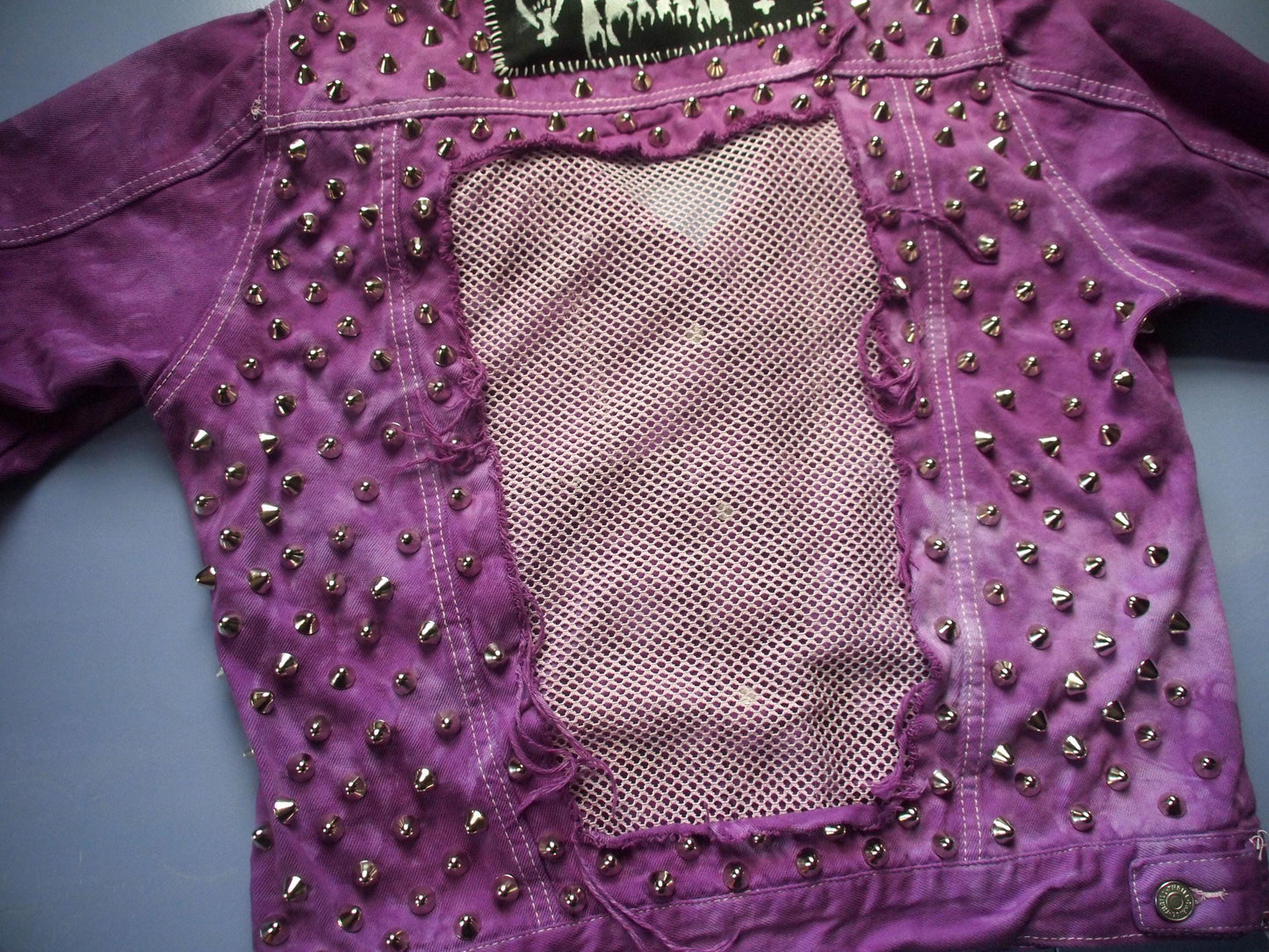Studded Purple Acid Wash Tie Dye Mesh Denim Jacket Sz XL