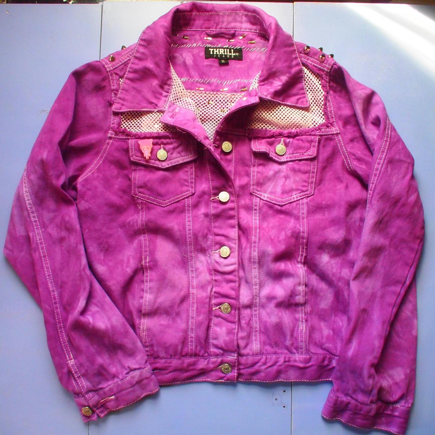 Studded Purple Acid Wash Tie Dye Mesh Denim Jacket Sz XL