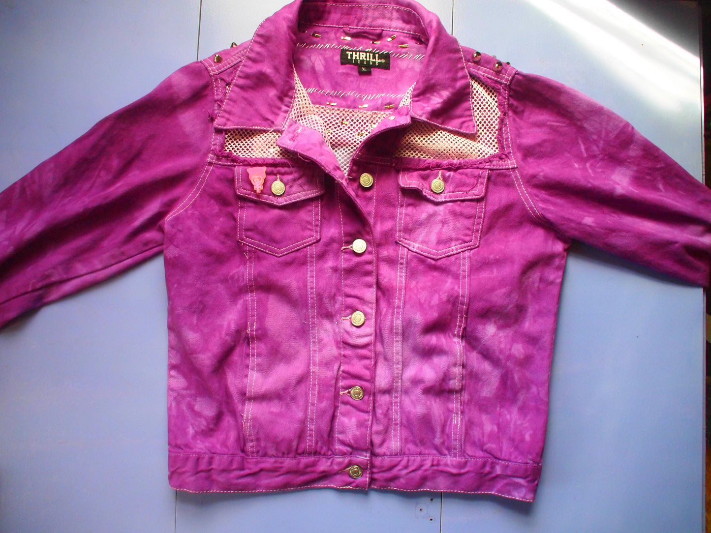 Studded Purple Acid Wash Tie Dye Mesh Denim Jacket Sz XL