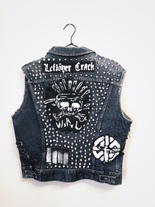 Custom DIY folk anarcho punk studded & patched denim vest, size medium
