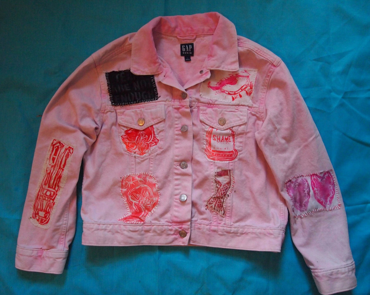 Light Pastel Pink Custom Printmaking Patched Denim Jacket