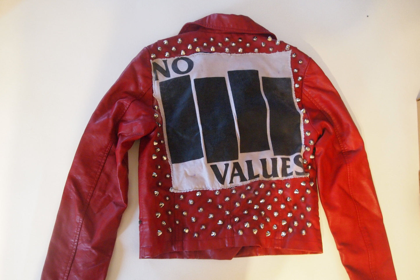 XS Studded Black Flag "No Values" Vegan Red Leather Motorcycle Biker Jacket Crust Punk Custom Handmade Biker