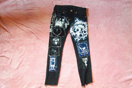 Custom Punk Patched Black Jeans Sz 28x30 Handmade Crust Pants Raccoon Art