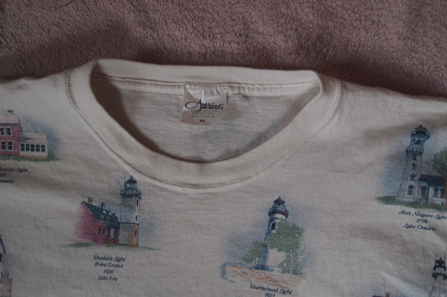 Vintage 80s Michigan Lighthouse All Over Print T-Shirt Sz XL Artisans
