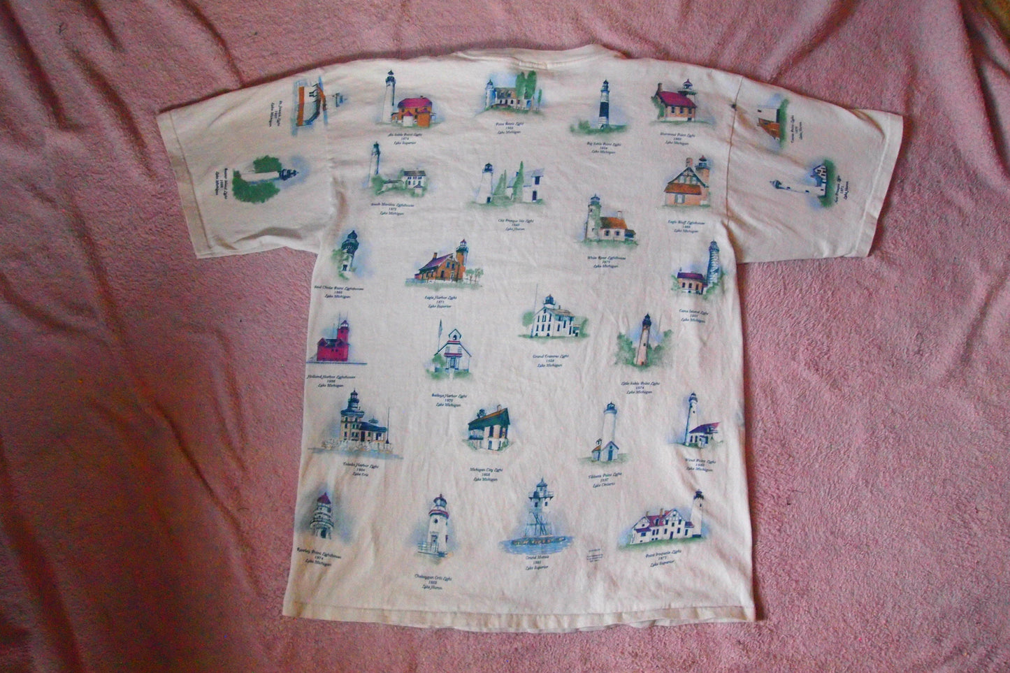 Vintage 80s Michigan Lighthouse All Over Print T-Shirt Sz XL Artisans