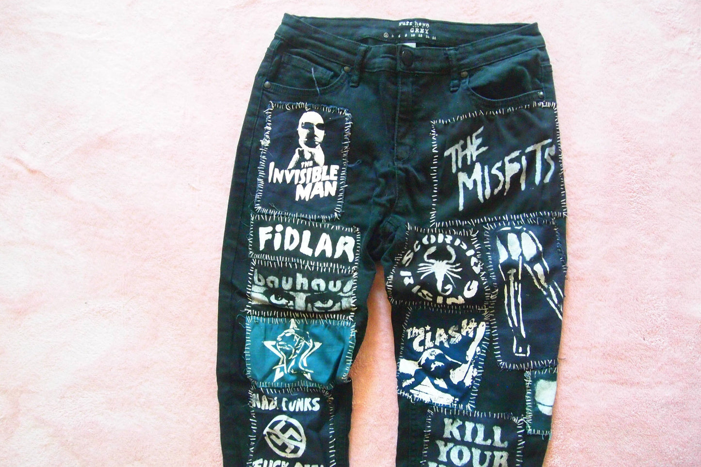 Custom Punk Patched Black Jeans Sz 2 Ruff Hewn Grey the Misfits Bauhaus Goth New Wave Handmade