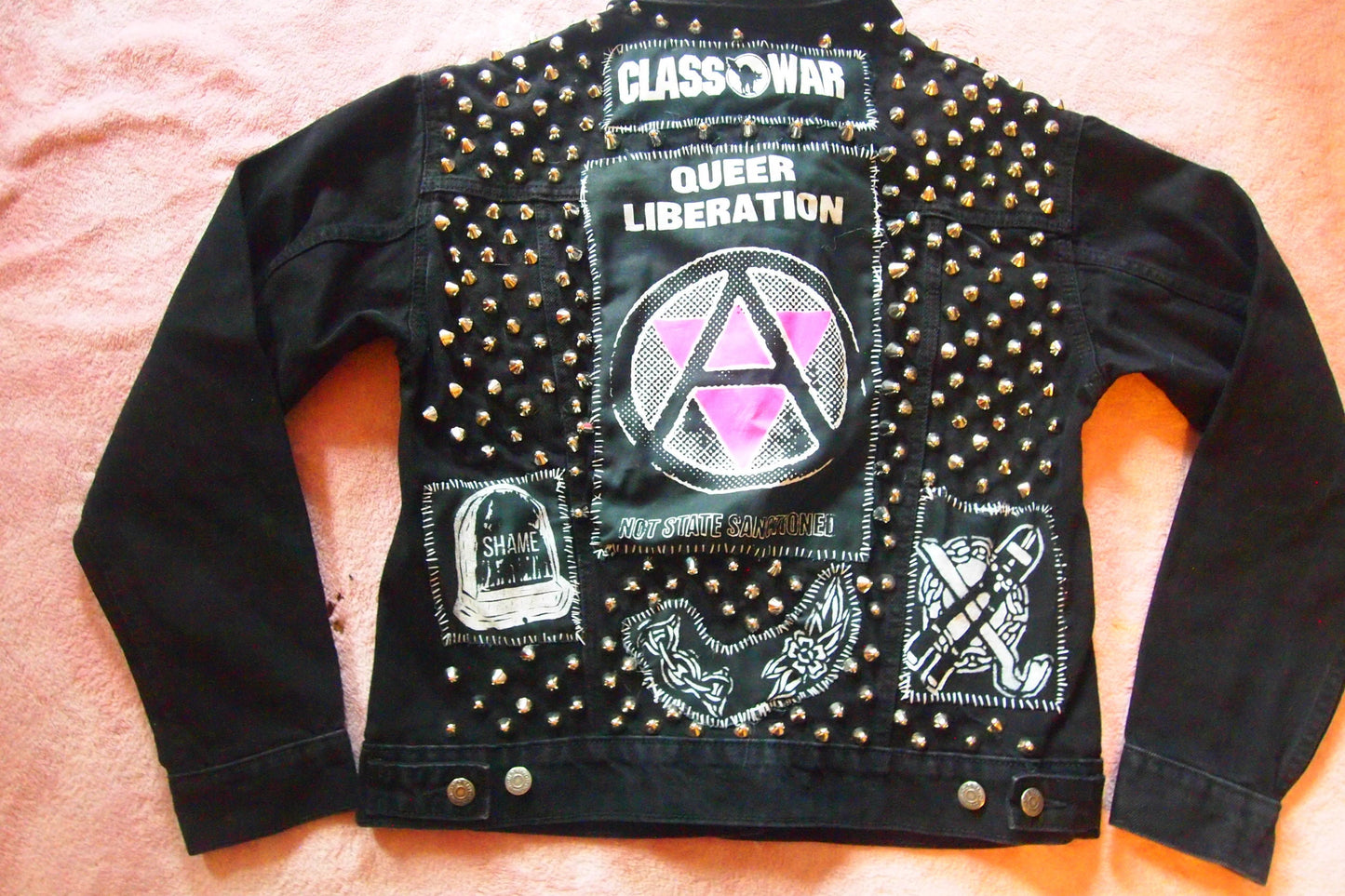 MED Queer Liberation Handmade Custom Studded Black Denim Jacket Patched Queercore Crust Punk 1 of 1 Pride