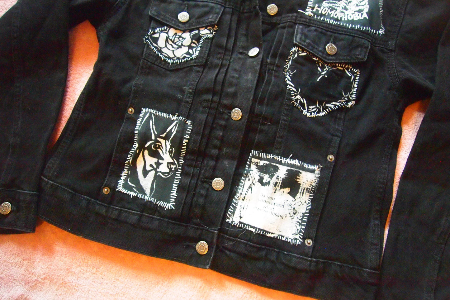 MED Queer Liberation Handmade Custom Studded Black Denim Jacket Patched Queercore Crust Punk 1 of 1 Pride
