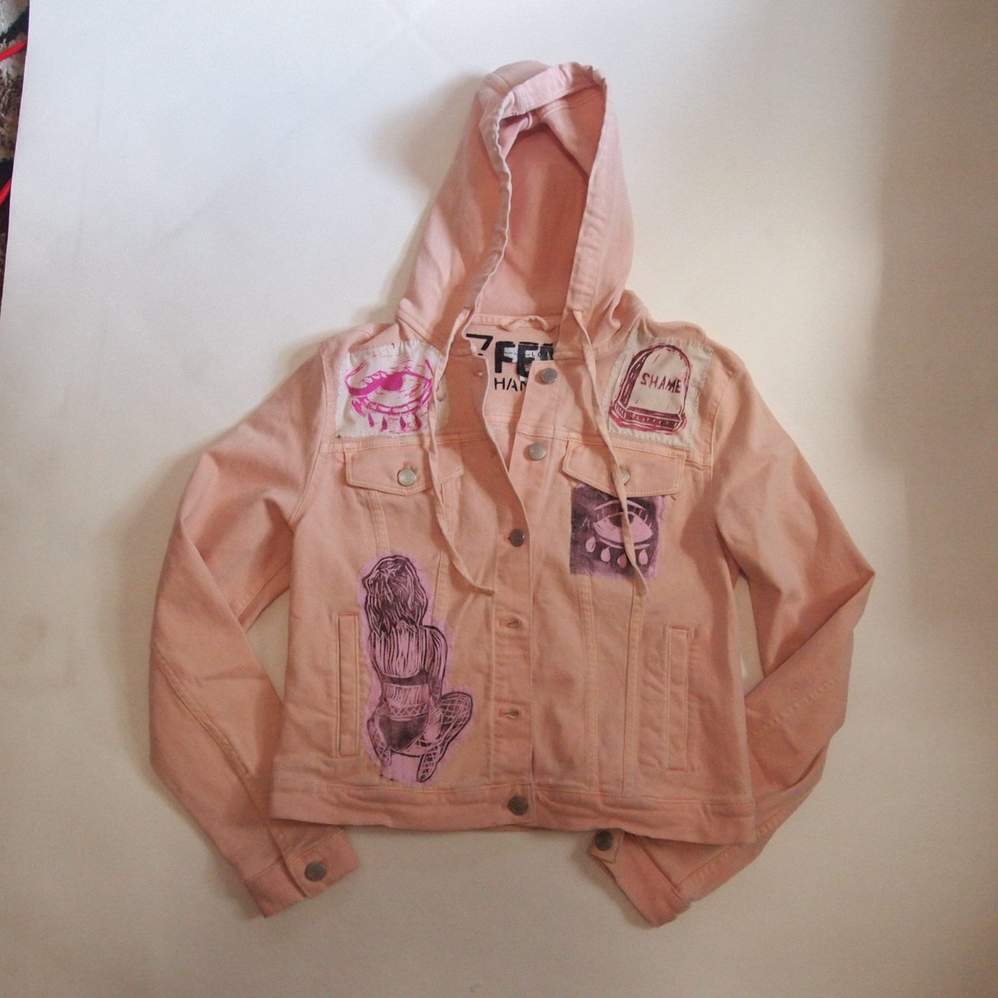 SM Custom Patched Pastel Pink/Coral Hooded Denim Jacket Raccoon Art 1 of 1 Handmade