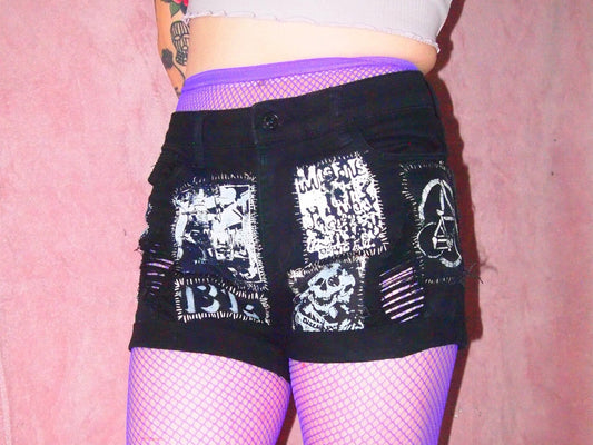 Distressed High Waisted Women's Patched Punk Black Shorts Crust Custom Vintage Sz 27