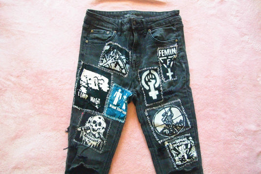 Custom Distressed Vintage Punk Patched Black Jeans Sz 4