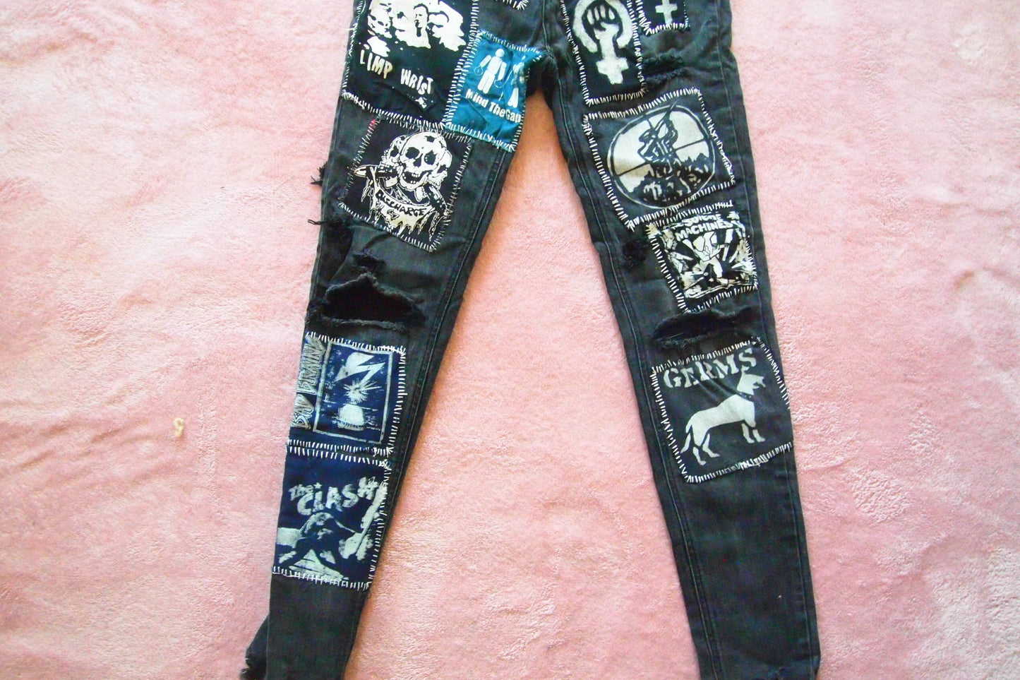 Custom Distressed Vintage Punk Patched Black Jeans Sz 4