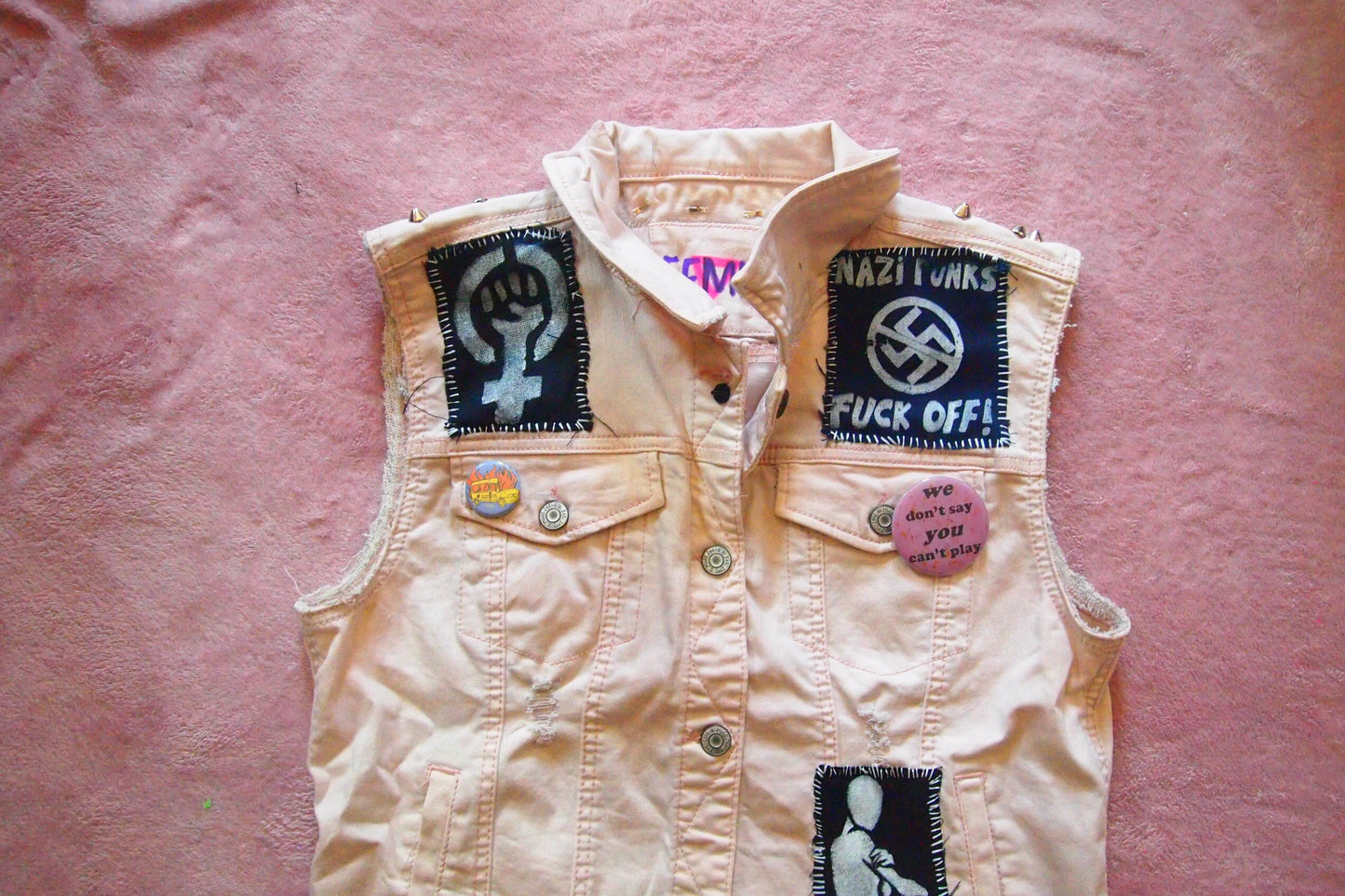 MED Pink Pastel Anarcho Queer Punk Studded & Patched Denim Vest