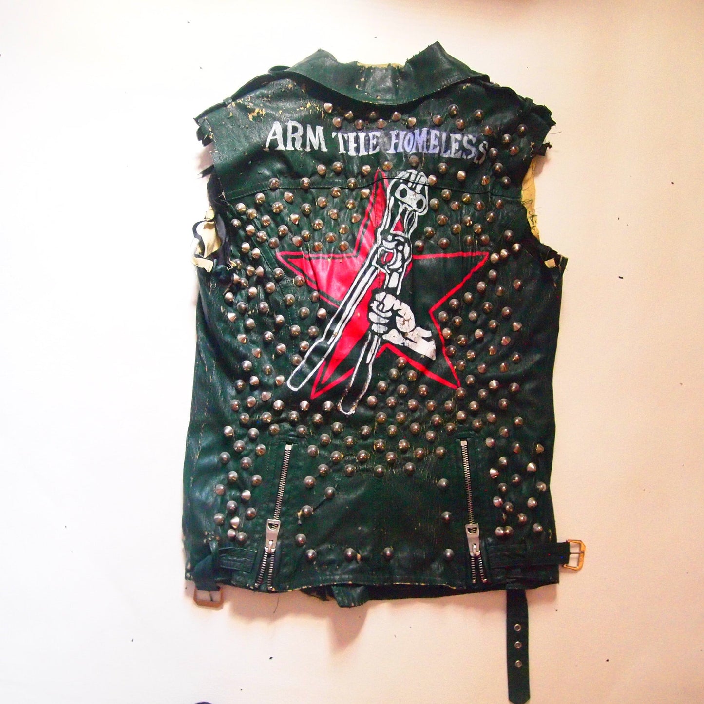 Green DIY Hand Painted Anarcho Punk Studded Vest Vegan Leather