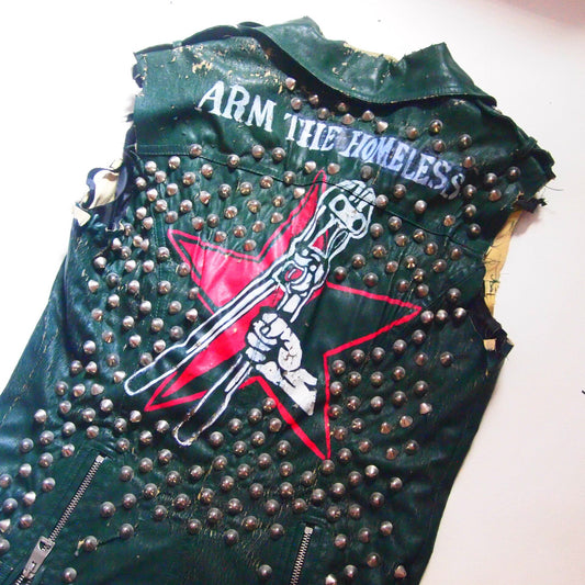 Green DIY Hand Painted Anarcho Punk Studded Vest Vegan Leather