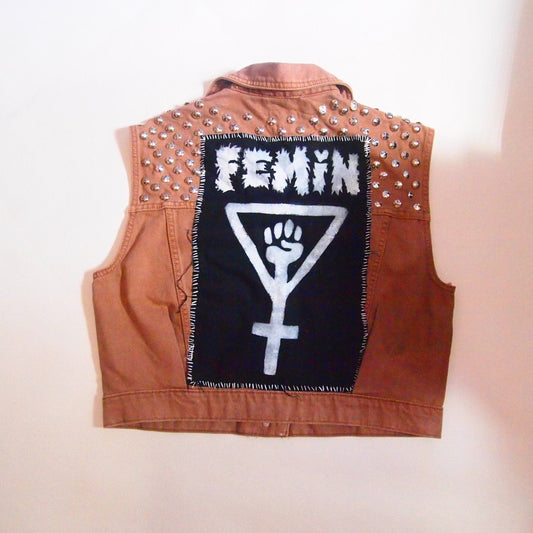 Punk Patched Studded Brown Denim Vest Sz M Cropped Womens Handmade Vintage Distressed